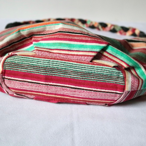 ROXY Girl Multi Color Shoulder Bag Purse Striped Cotton Fabric Braided Handle - Picture 11 of 14